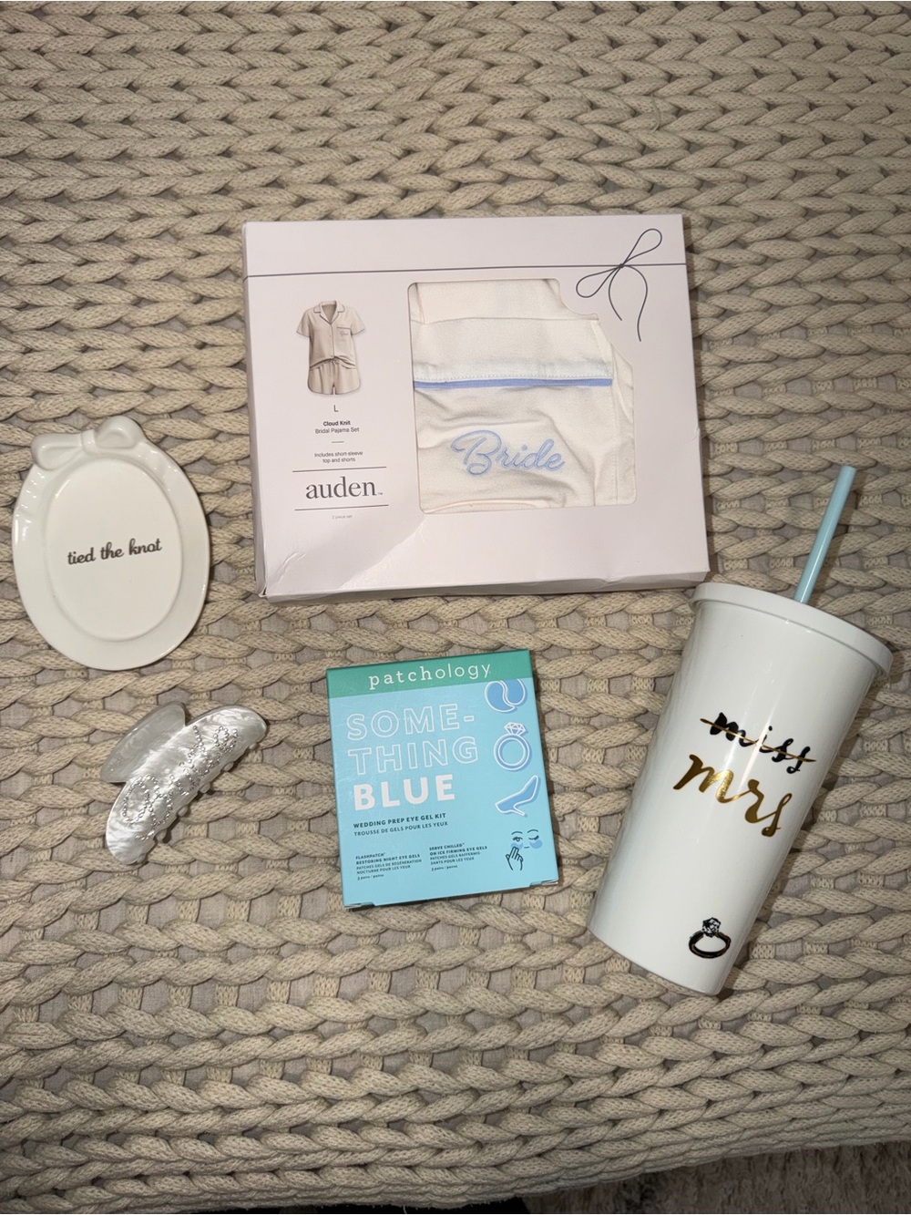 Lot of Bride items: ring tray, eye patches, L Auden Bridal PJs, KS Tumbler, Clip